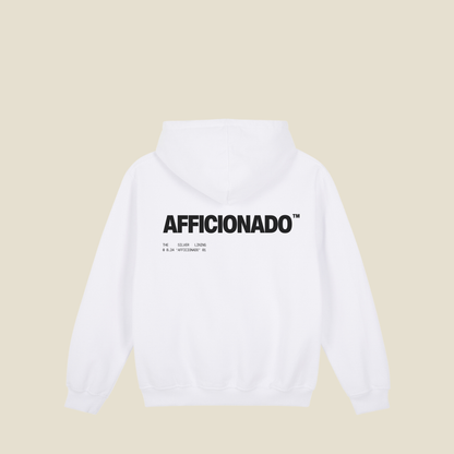 'afficionado' hoodie. white.